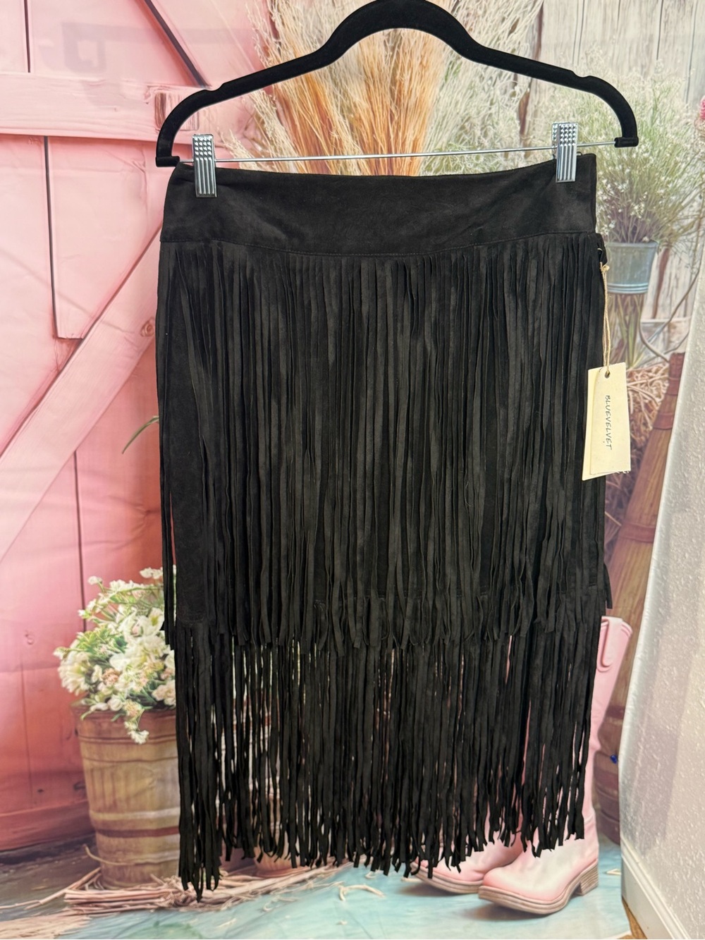 Blue Velvet Fringed Black Women's Skirt - Suede Look Size Medium New